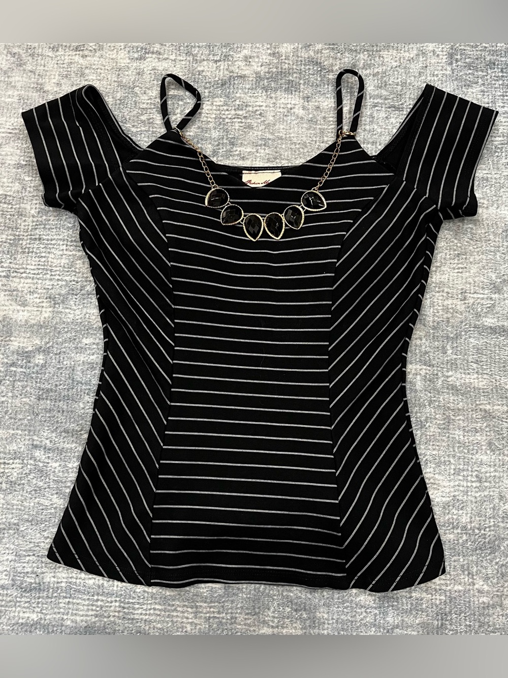 Black Striped Cold-Shoulder Women's Top
